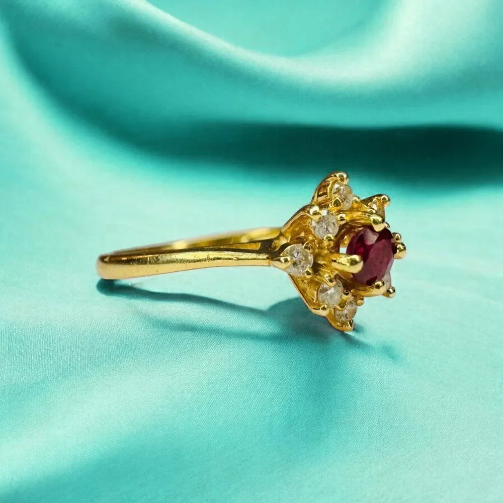 14k Gold Natural Burmese Red Ruby & Diamond Ring Sz 5.75 Earth Mined Flower Ring